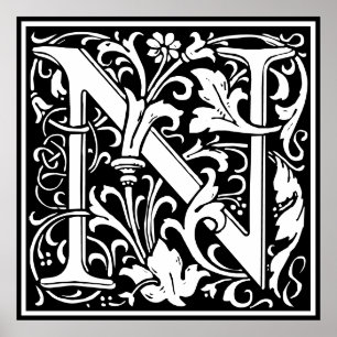 Poster LETTRE MONOGRAPHIQUE EN Alphabet Floral N Carreau 