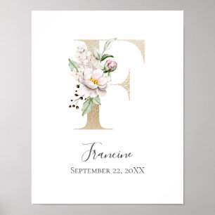 Poster LETTRE MONOGRAPHIQUE F Pink Blanc Floral Or Pépini