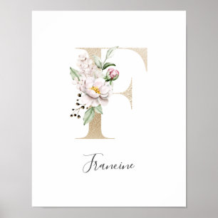 Poster LETTRE MONOGRAPHIQUE F Pink Blanc Floral Or Pépini