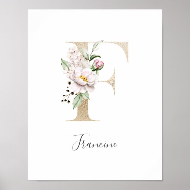 Poster LETTRE MONOGRAPHIQUE F Pink Blanc Floral Or Pépini (Devant)