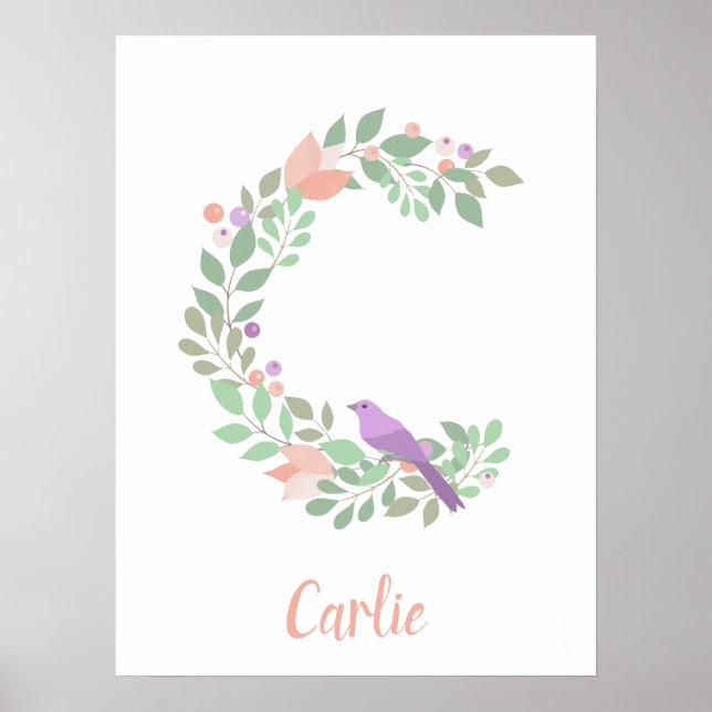 Poster Lettre monographique florale C nom d'oiseau pourpr (Devant)
