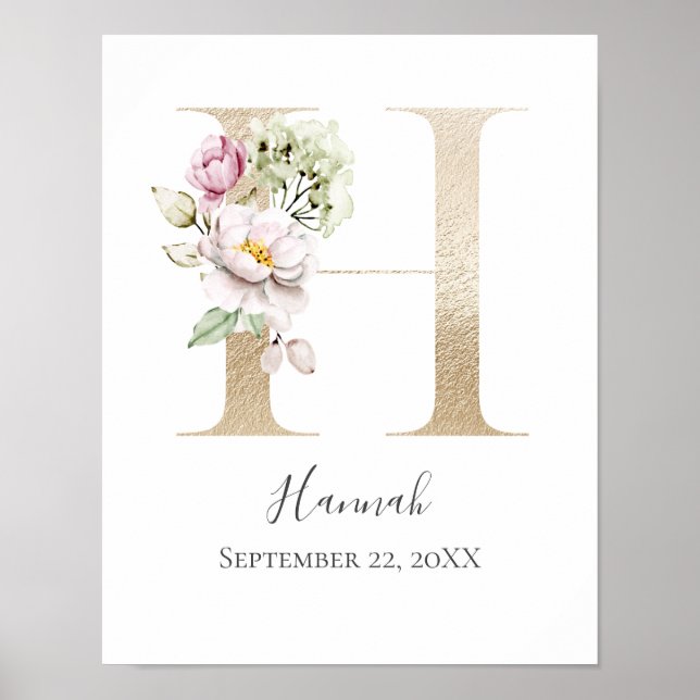 Poster LETTRE MONOGRAPHIQUE H Pink Blanc Floral Or Lettre (Devant)