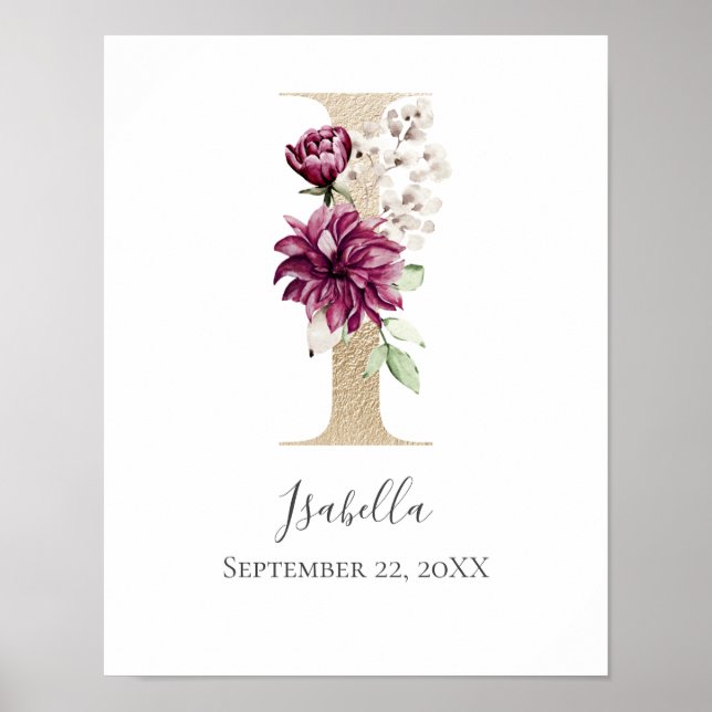 Poster LETTRE MONOGRAPHIQUE I Pink Blanc Floral OR PUR (Devant)