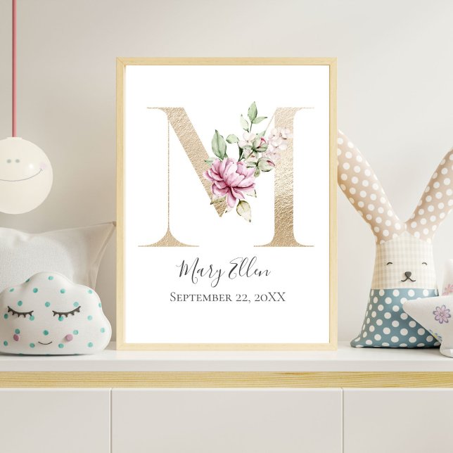 Poster LETTRE MONOGRAPHIQUE M Pink Blanc Floral OR Pépini (Gold Monogram M Letter M with Pink Flowers Wall Art for Nursery or Bedroom)