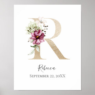 Poster LETTRE MONOGRAPHIQUE R Pink Blanc Floral Or Pépini
