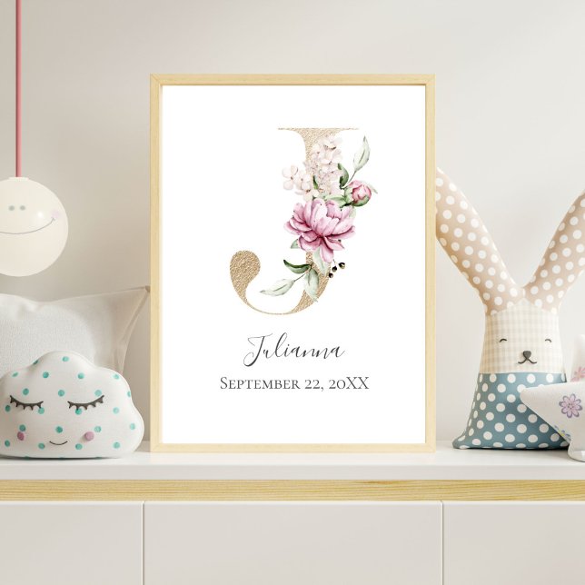 Poster LETTRE MOTOGRAPHIQUE J Pink Blanc Floral OR PUR (Gold Monogram Letter J, Pink Floral Watercolor Nursery Wall Art)