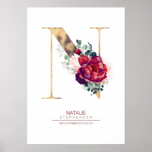 Poster Lettre N Monogram Floral Bourgogne Rouge et or