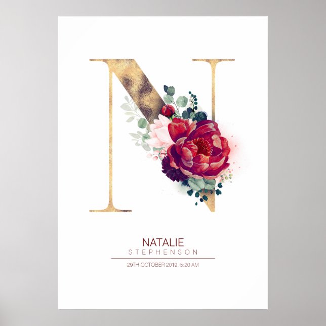 Poster Lettre N Monogram Floral Bourgogne Rouge et or (Devant)