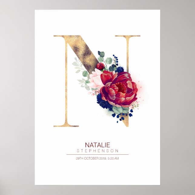 Poster Lettre N Monogramme Floral Marine Bleu et Bourgogn (Devant)