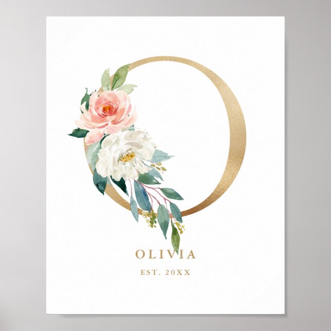 Poster Lettre O Blush Floral Monogram Gold Foil Nursery (Devant)