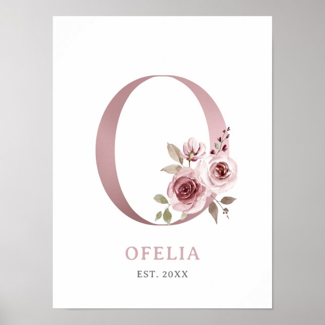Poster Lettre O Monogramme Rose d'aquarelle Florals Nurse (Devant)