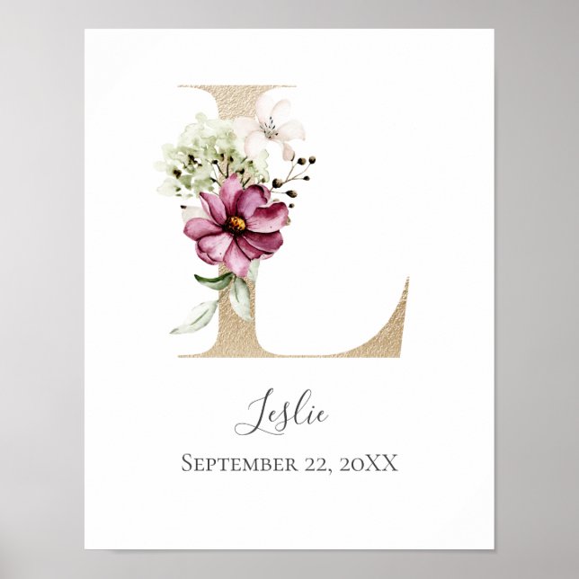 Poster Lettre or florale rose Monogramme L Pink (Devant)