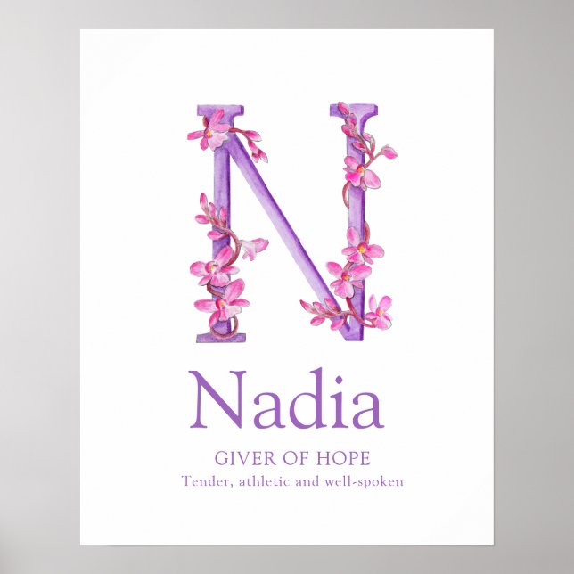 Poster Lettre orchidée N Nadia nom personnalisé signifian (Devant)