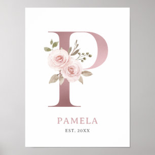 Poster Lettre P Monogramme Aquarelle Rose Florals Nursery