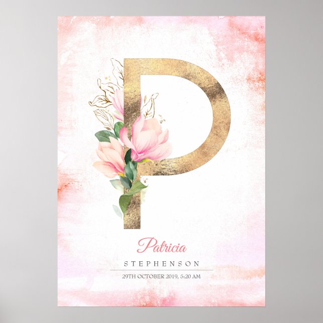 Poster Lettre P Monogramme Feuille d'or rose Magnolia Flo (Devant)
