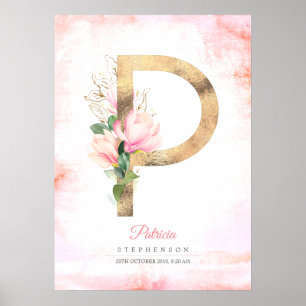 Poster Lettre P Monogramme Feuille d'or rose Magnolia Flo