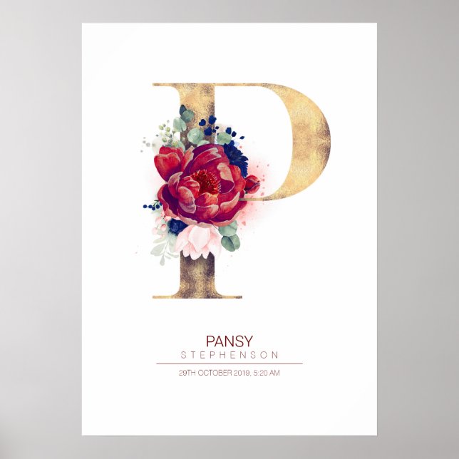 Poster Lettre P Monogramme Floral Marine Bleu et Bourgogn (Devant)