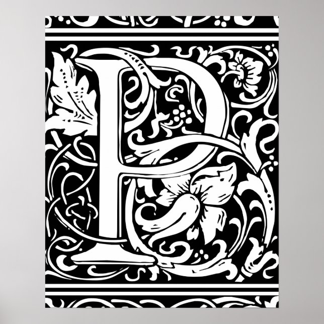 Poster Lettre P Monogramme médiéval Art Nouveau (Devant)