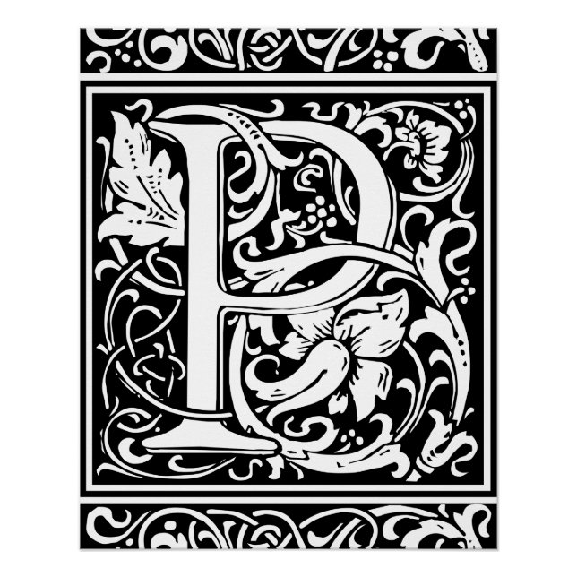 Poster Lettre P Monogramme médiéval Art Nouveau (Devant)