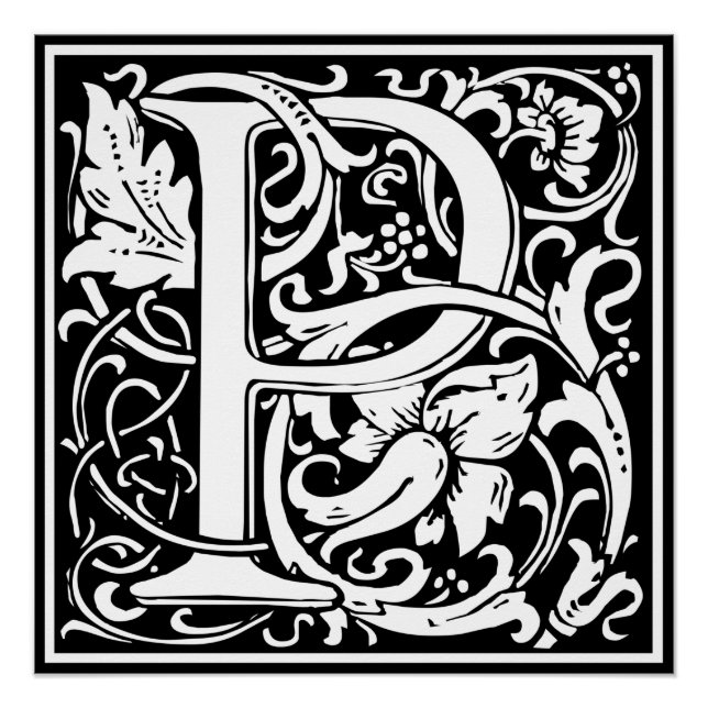 Poster Lettre P Monogramme médiéval Art Nouveau (Devant)