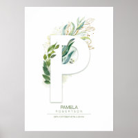 Lettre P Monogramme Or Vert Feuillage Chic