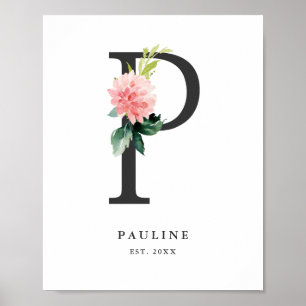 Poster Lettre P Monogramme Peach Florals Nursery