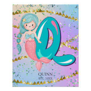Poster Lettre Q Monogramme Aquarelle mignonne Sirène