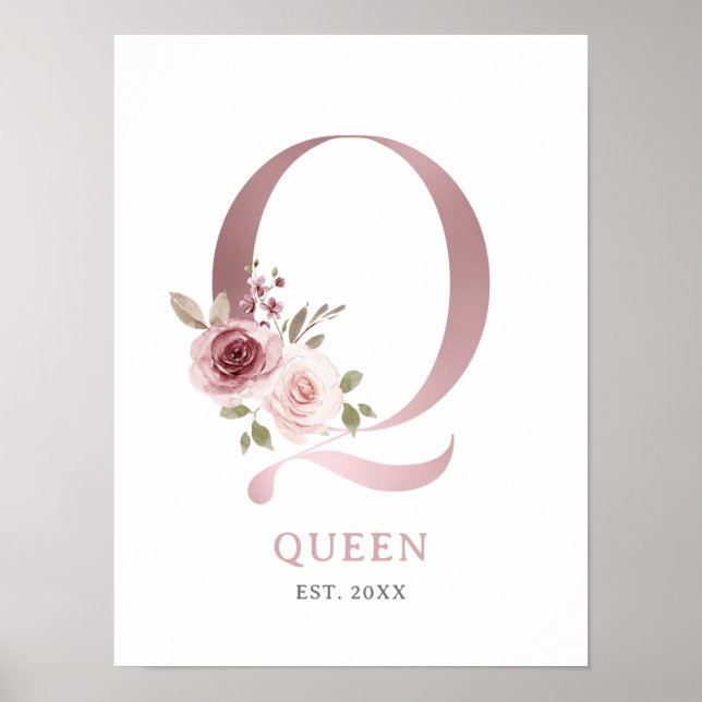 Poster Lettre Q Monogramme Rose d'aquarelle Florals Nurse (Devant)