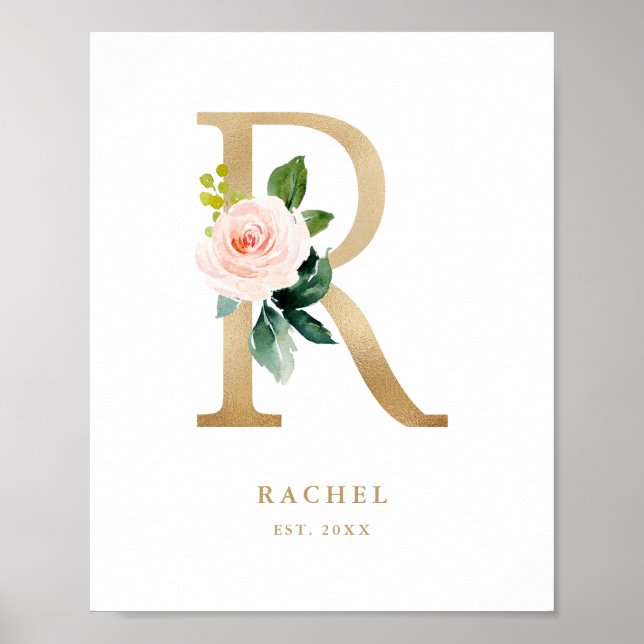 Poster Lettre R Blush Floral Monogram Gold Foil Nursery (Devant)