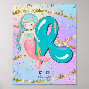Poster Lettre R Monogramme Aquarelle mignonne Sirène