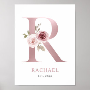 Poster Lettre R Monogramme Aquarelle Rose Florals Nursery