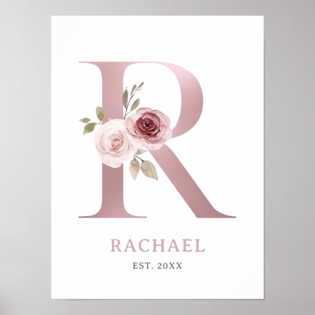 Poster Lettre R Monogramme Aquarelle Rose Florals Nursery (Devant)