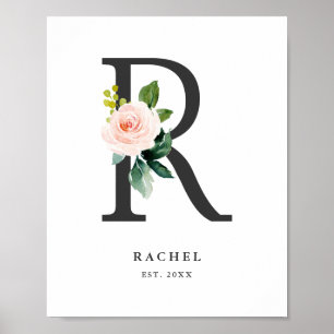Poster Lettre R Monogramme Peach Florals Nursery