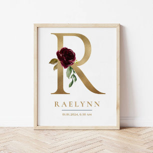 Poster Lettre R Nom du monogramme Marsala Floral Nursery