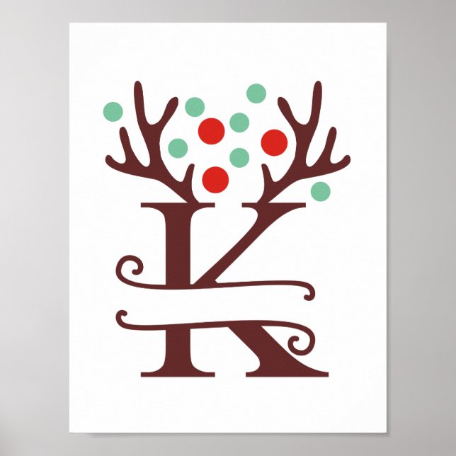 Poster Lettre renne personnalisée K Monogramme fractionné (Devant)