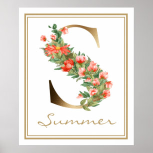 Poster Lettre S Monogramme Or Orange Fleurs