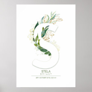 Poster Lettre S Monogramme Or Vert Feuillage Chic