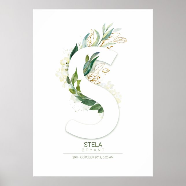 Poster Lettre S Monogramme Or Vert Feuillage Chic (Devant)