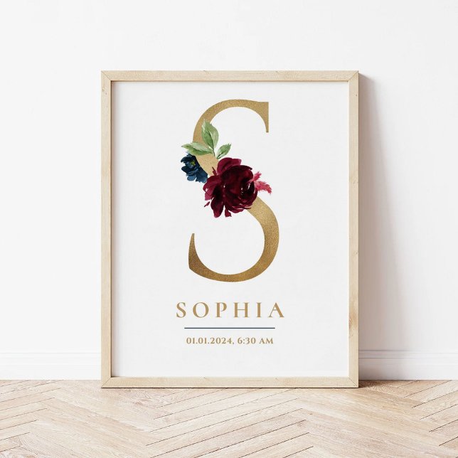 Poster Lettre S Nom du monogramme Marsala Floral Nursery (Créateur téléchargé)