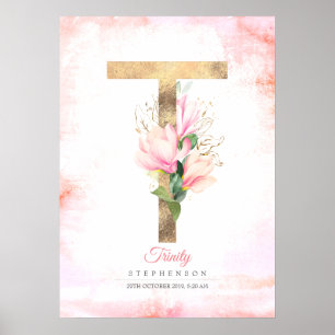 Poster LETTRE T Feuilles d'or Monogramme rose Magnolia Fl