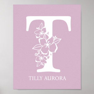 Poster Lettre T Floral Monogramme Nom Pépinière Moderne
