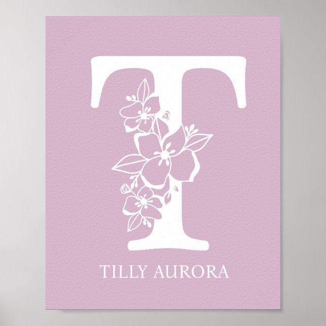 Poster Lettre T Floral Monogramme Nom Pépinière Moderne (Devant)