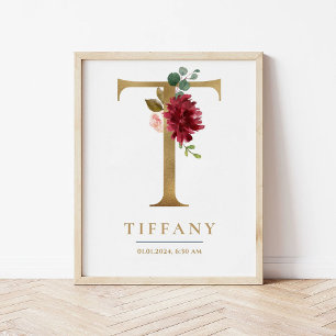 Poster Lettre T Nom du monogramme Marsala Floral Nursery