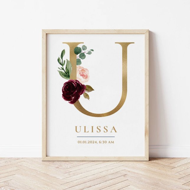 Poster Lettre U Monogramme Nom Marsala Floral Nursery (Créateur téléchargé)