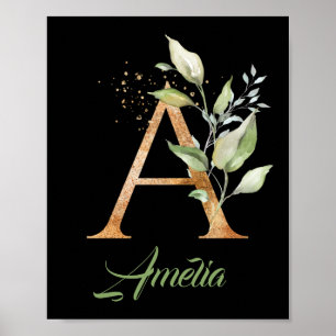 Poster Lettre Un monogramme vert eucalyptus or noir