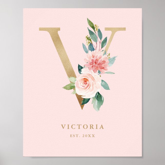 Poster Lettre V Blush Floral Monogram Gold Foil Nursery (Devant)