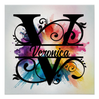 Poster Lettre 'V', Monogramme arc-en-ciel lumineux, Nom d