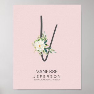 Poster Lettre V Monogramme Décor Floral Rose