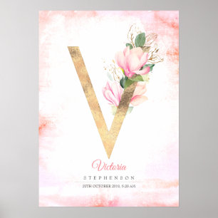 Poster Lettre V Monogramme Feuille or rose Magnolia Flora