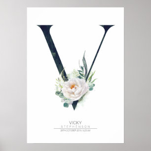 Poster Lettre V Monogramme Fleurs Blanches et Feuillage